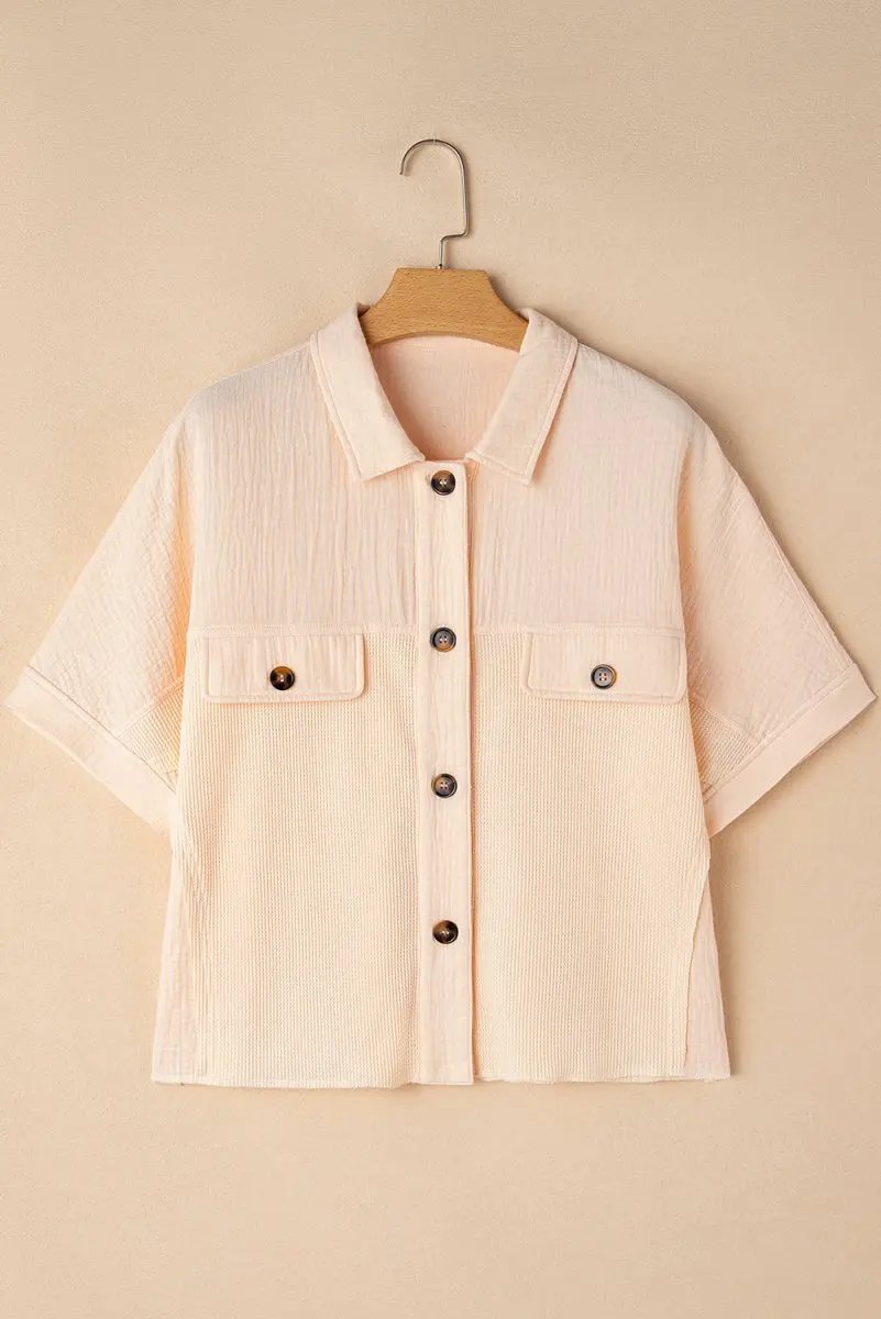 Beige Waffle Splicing Short Batwing Sleeve Flap Detail Shirt - Love Salve